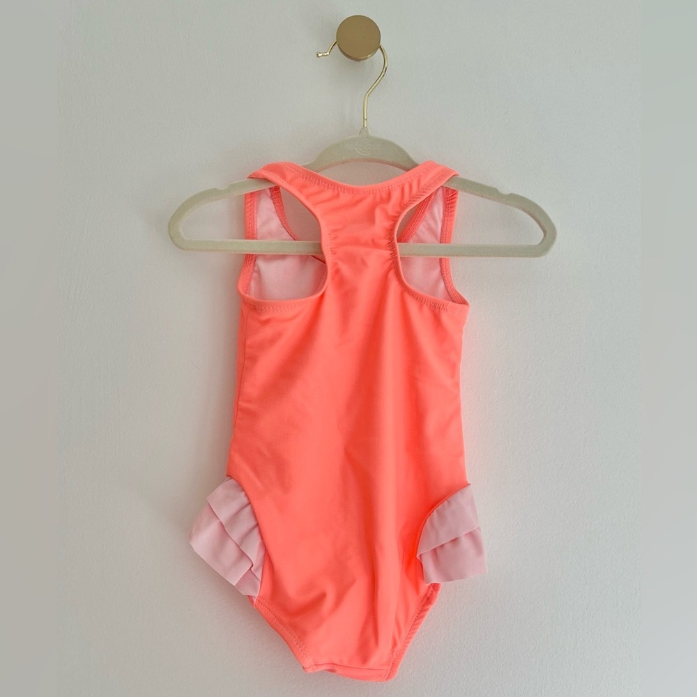 Carter's Coral Peachy Orange Flamingo Swimsuit with Ruffles Baby 12-18 Months - Picture 2 of 4